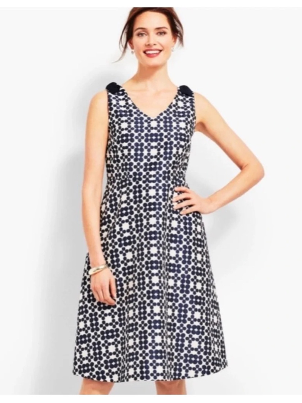 RSVP Talbots Mod Daisy Print Fit & flare Dress Navy Blue White Womens Size 16W